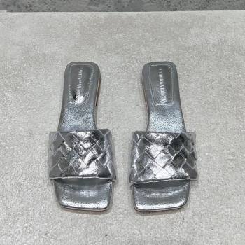 Bottega Veneta Parco Square Flat Slides Sandals in Soft Intrecciato Leather Silver 2025 837737 (MD-250604015)