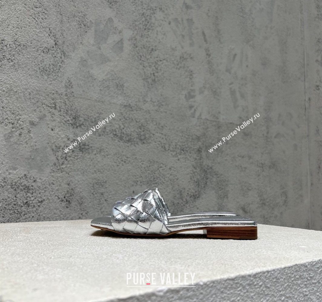Bottega Veneta Parco Square Flat Slides Sandals in Soft Intrecciato Leather Silver 2025 837737 (MD-250604015)