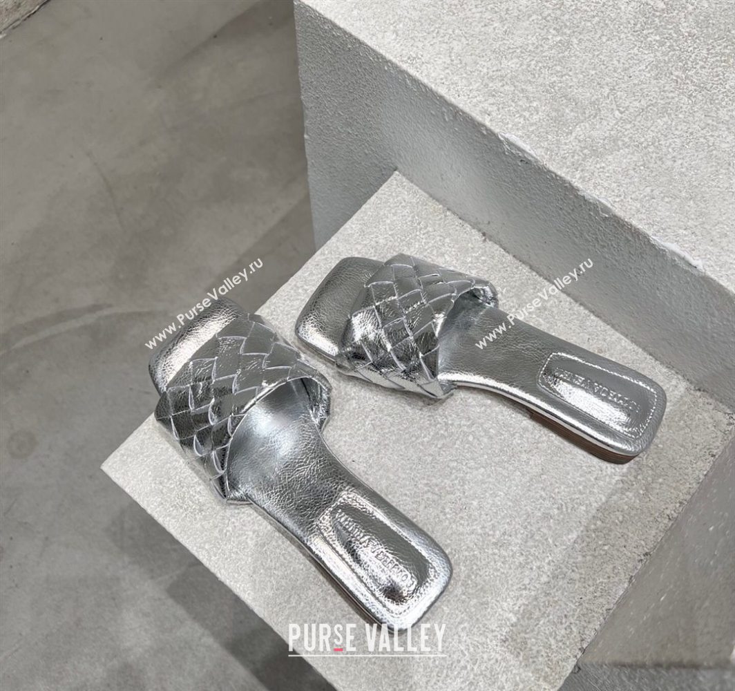 Bottega Veneta Parco Square Flat Slides Sandals in Soft Intrecciato Leather Silver 2025 837737 (MD-250604015)