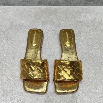 Bottega Veneta Parco Square Flat Slides Sandals in Soft Intrecciato Leather Gold 2025 837737 (MD-250604016)