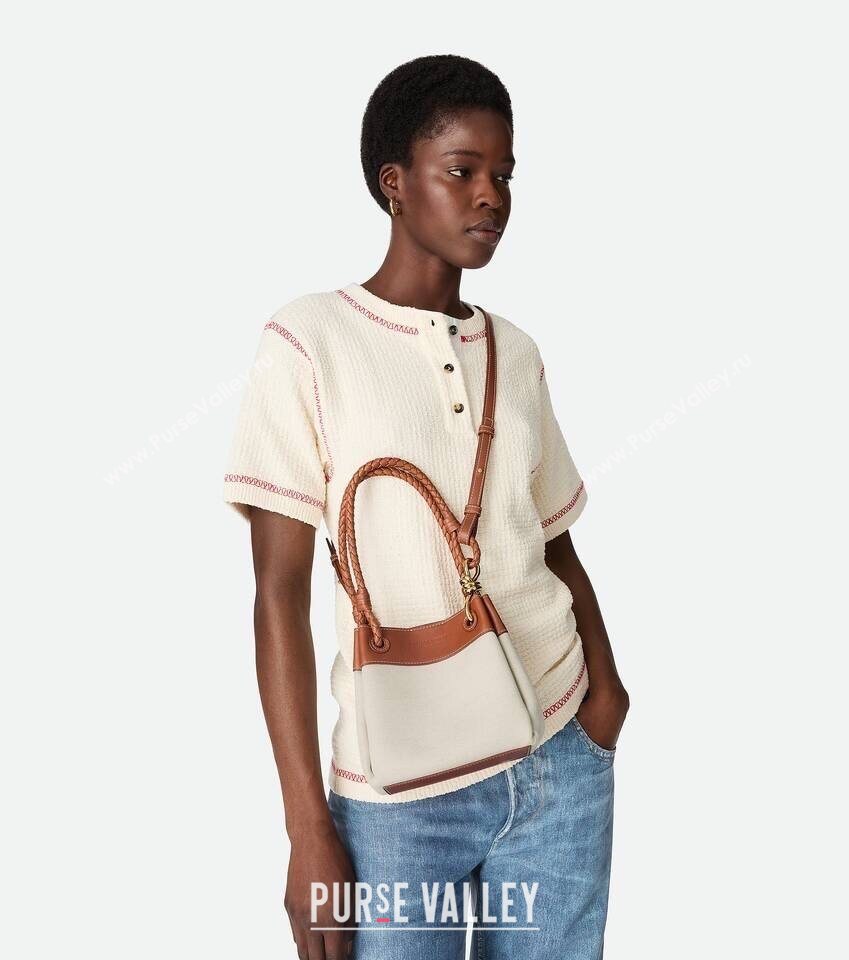 Bottega Veneta Small Parachute Shoulder Bag in Canvas and Leather Natural White/Lightwood Brown 2025 (WT-250624061)