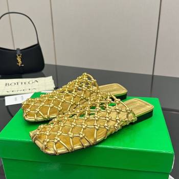 Bottega Veneta Riva Flat Slides Sandal in Woven Knotted Leather Gold 2025 (MD-250709062)