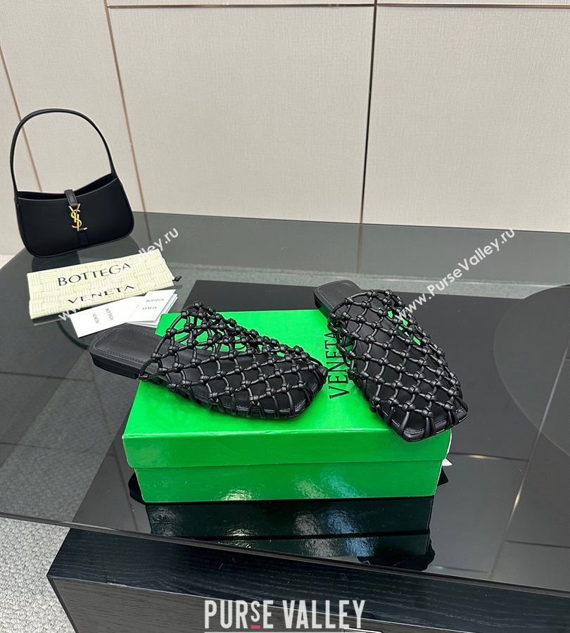 Bottega Veneta Riva Flat Slides Sandal in Woven Knotted Leather Black 2025 (MD-250709063)