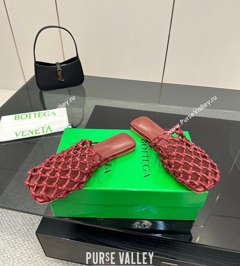 Bottega Veneta Riva Flat Slides Sandal in Woven Knotted Leather Dark Burgundy 2025 (MD-250709068)