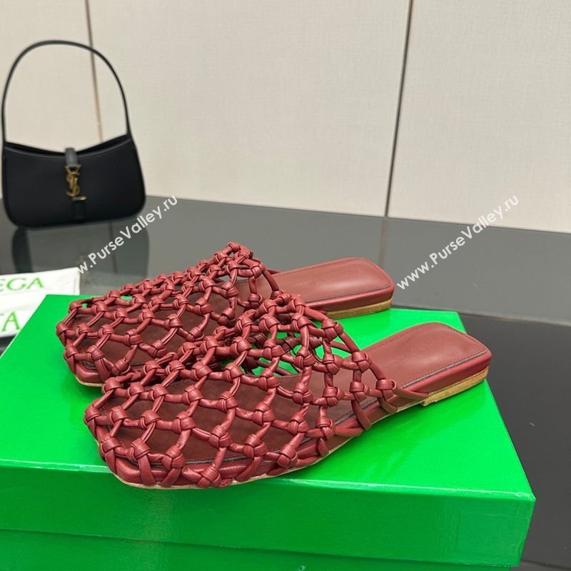 Bottega Veneta Riva Flat Slides Sandal in Woven Knotted Leather Dark Burgundy 2025 (MD-250709068)