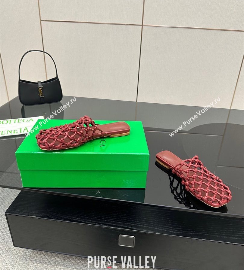 Bottega Veneta Riva Flat Slides Sandal in Woven Knotted Leather Dark Burgundy 2025 (MD-250709068)