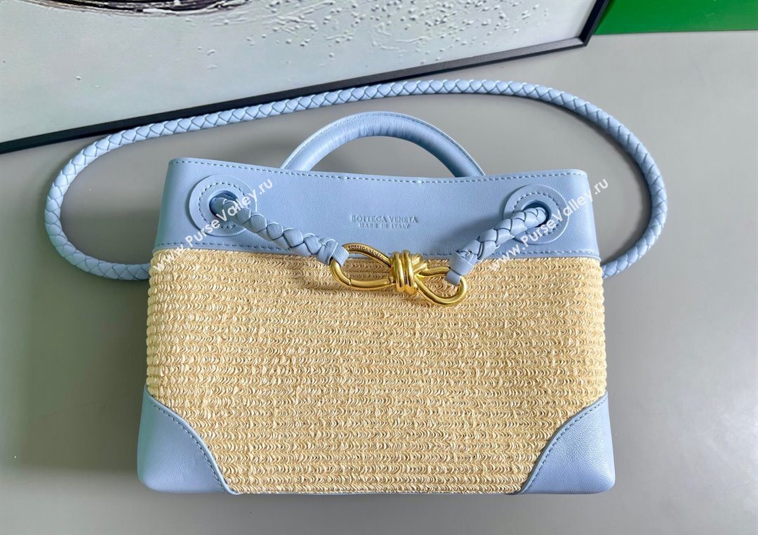 Bottega Veneta Small Andiamo Top Handle Bag in Raffia Straw and Leather Ice Blue 2025 743568 (WT-250731033)