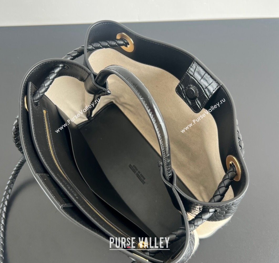 Bottega Veneta Medium Andiamo Top Handle Bag in Crocodile Embossed Leather and Canvas Black 2025 (WT-250731003)