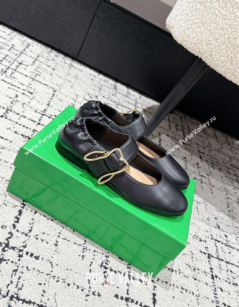 Bottega Veneta Astaire Mary-Jane Ballerinas Flat in Lambskin Leather with Rabbit Shaped Buckle Black 2025 (MD-250823057)