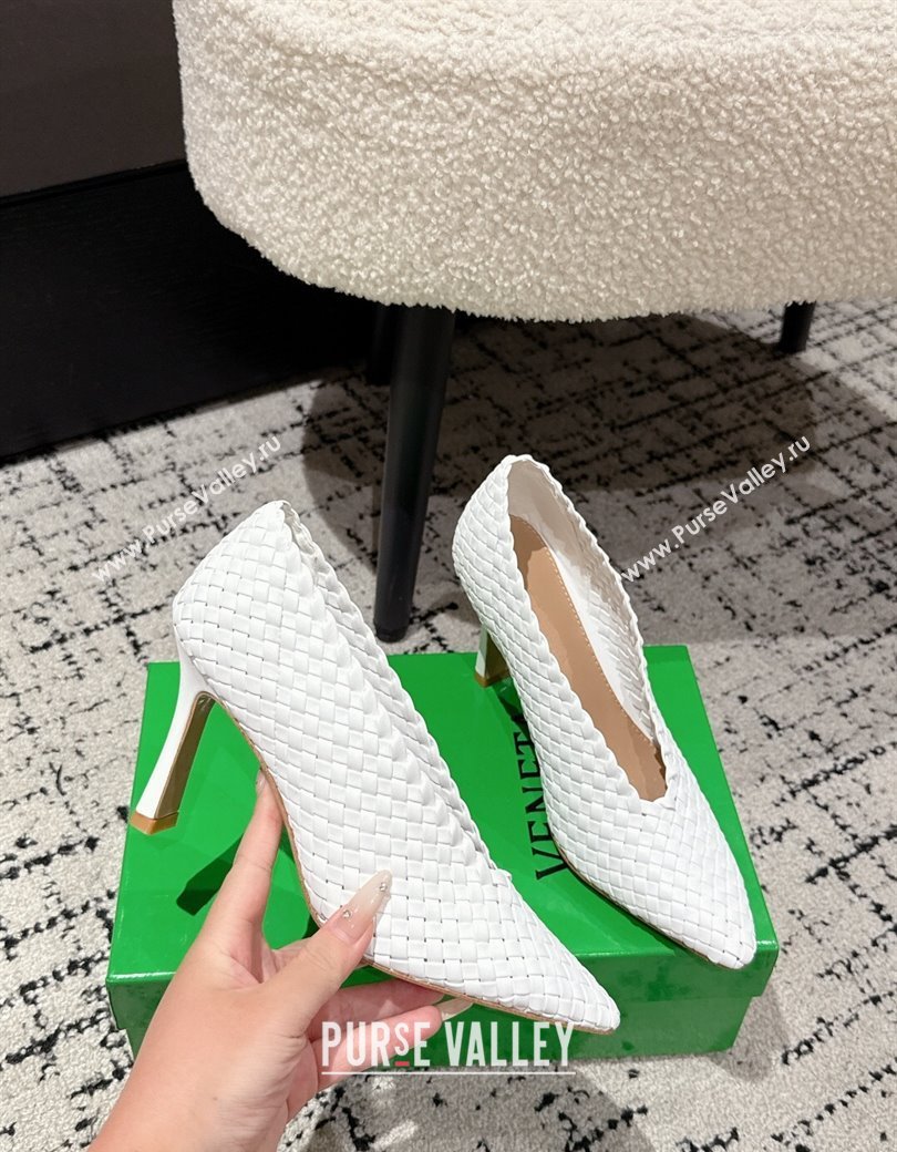 Bottega Veneta Sofia Heel Pumps 9cm in Intreccio Leather White 2025 (MD-250823028)