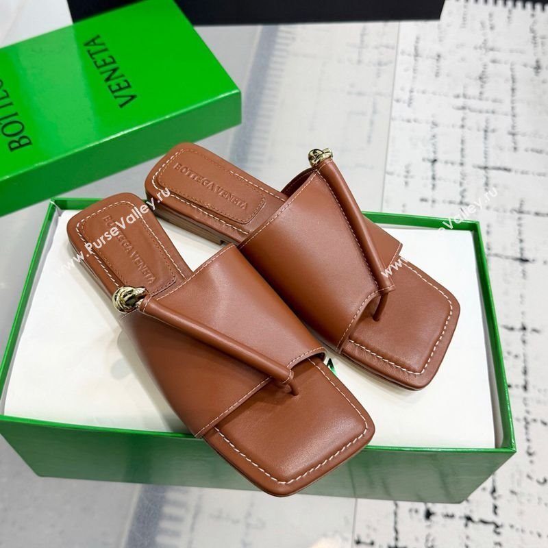 Bottega Veneta Solstice Flat Thong Slides Sandal in Calfskin Leather Brown 2025 (KER-250823063)