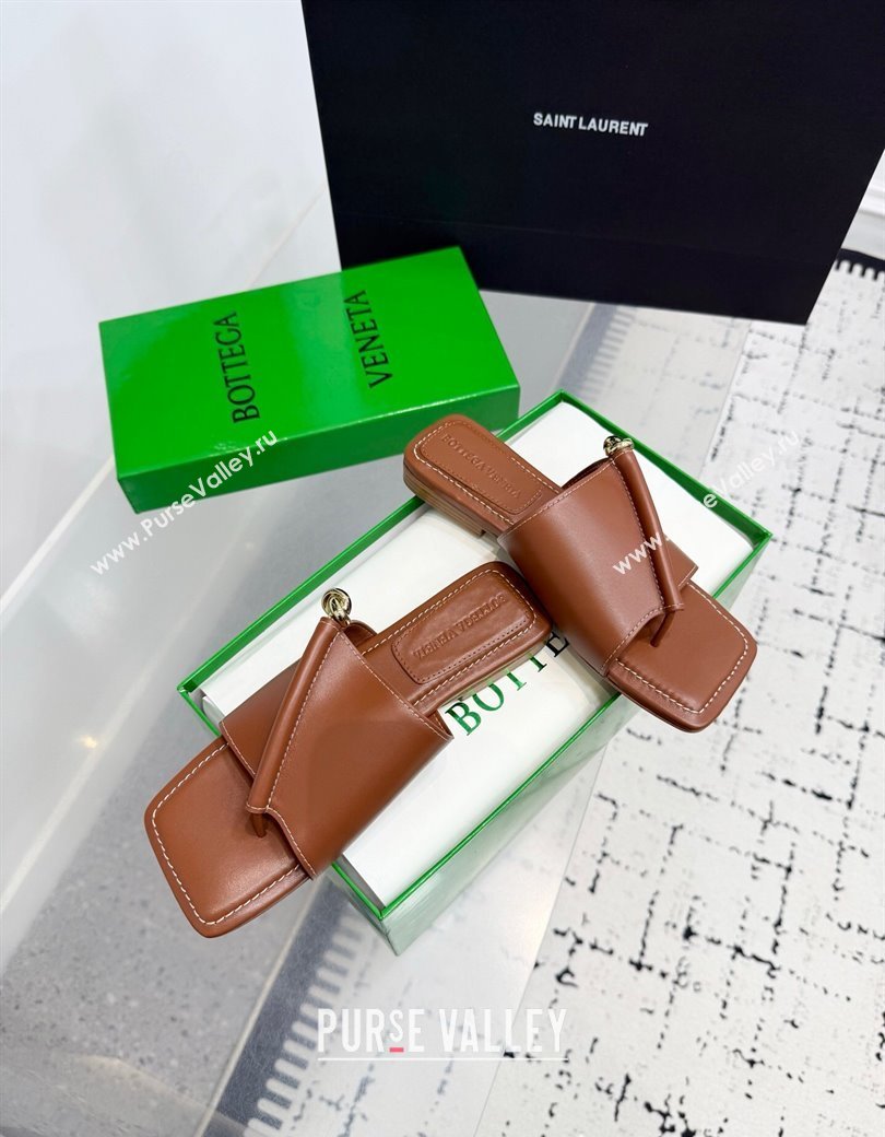 Bottega Veneta Solstice Flat Thong Slides Sandal in Calfskin Leather Brown 2025 (KER-250823063)