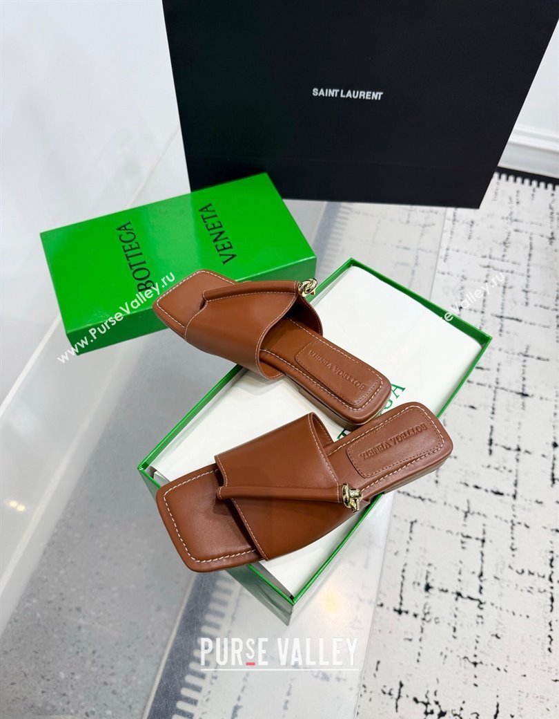 Bottega Veneta Solstice Flat Thong Slides Sandal in Calfskin Leather Brown 2025 (KER-250823063)