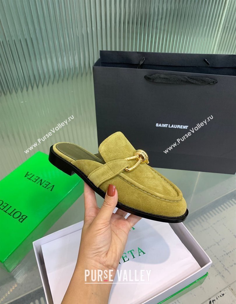 Bottega Veneta Astaire Flat Mules in Suede with Knot Green/Gold 2025 (KER-250823046)