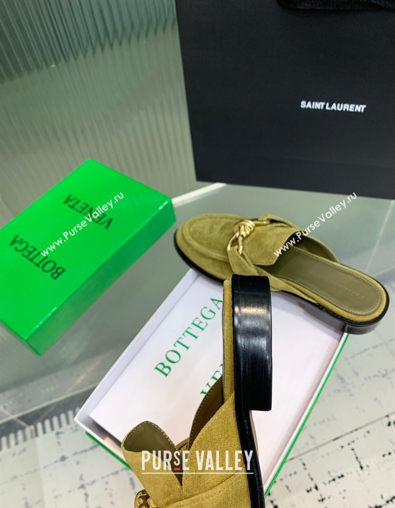 Bottega Veneta Astaire Flat Mules in Suede with Knot Green/Gold 2025 (KER-250823046)