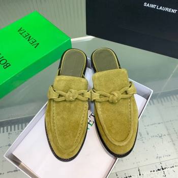 Bottega Veneta Astaire Flat Mules in Suede with One-Tone Knot Green 2025 (KER-250823051)