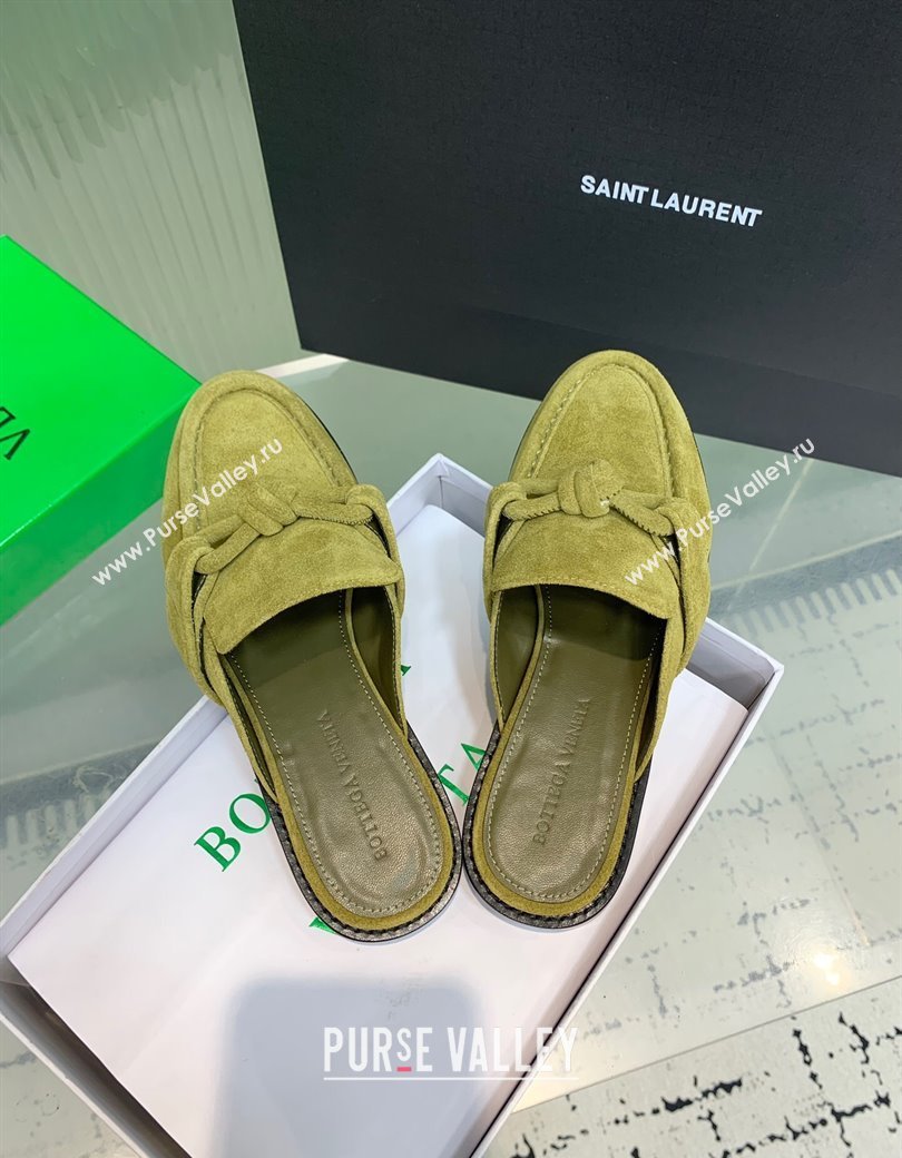 Bottega Veneta Astaire Flat Mules in Suede with One-Tone Knot Green 2025 (KER-250823051)