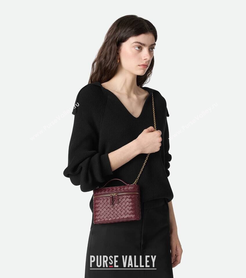 Bottega Veneta Small Soft Vanity Bag in Intrecciato Leather Barolo Red 2025 843800 (WT-250924001)