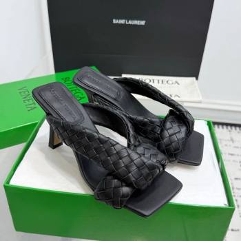Bottega Veneta Riva Heel Slides Sandal 9cm in Woven Leather Black 2025 (KER-251027155)