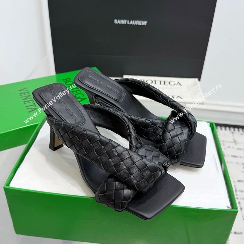 Bottega Veneta Riva Heel Slides Sandal 9cm in Woven Leather Black 2025 (KER-251027155)