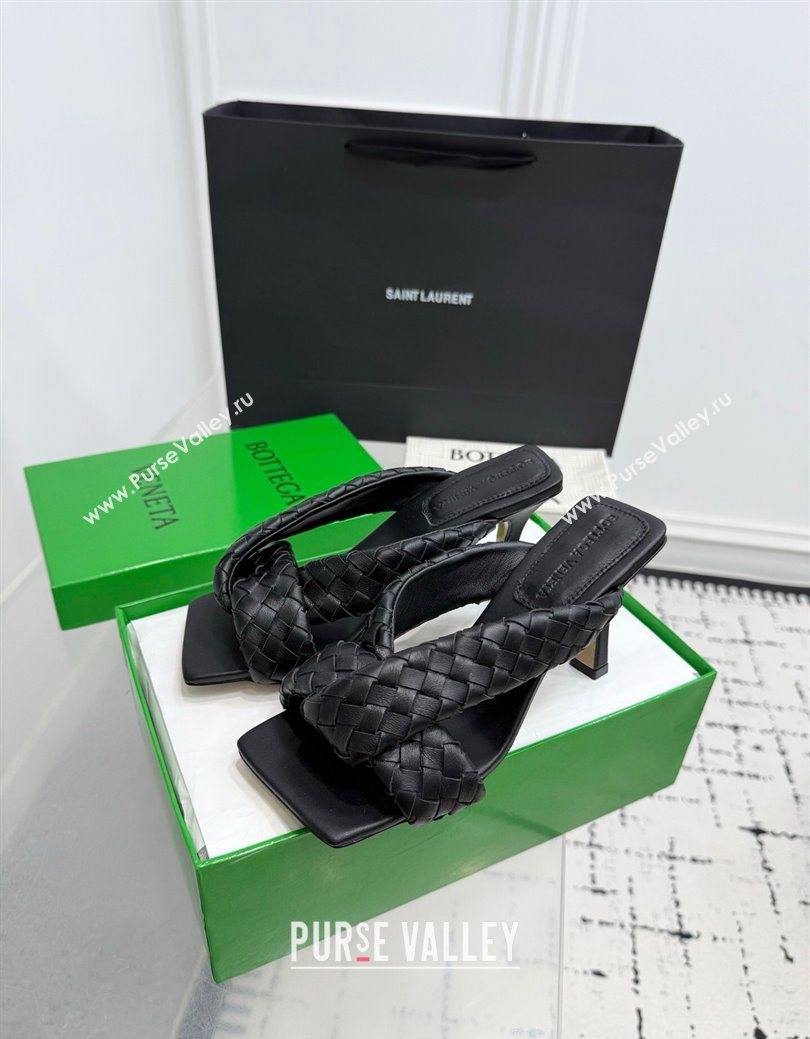 Bottega Veneta Riva Heel Slides Sandal 9cm in Woven Leather Black 2025 (KER-251027155)