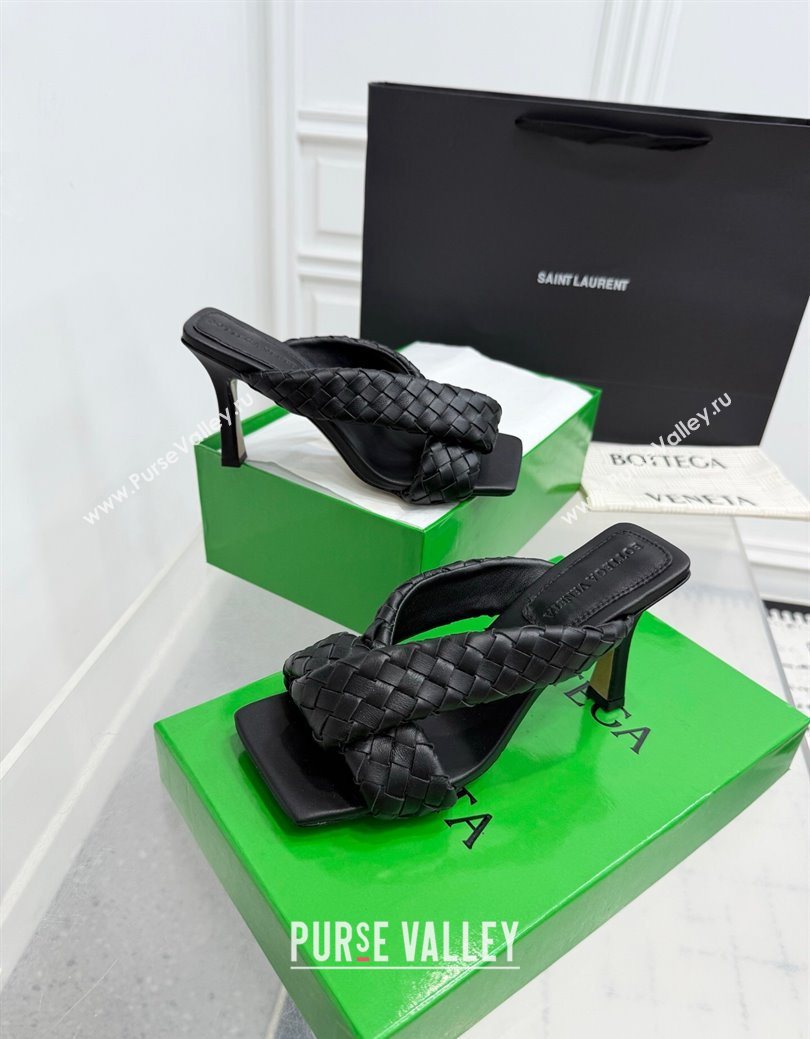 Bottega Veneta Riva Heel Slides Sandal 9cm in Woven Leather Black 2025 (KER-251027155)