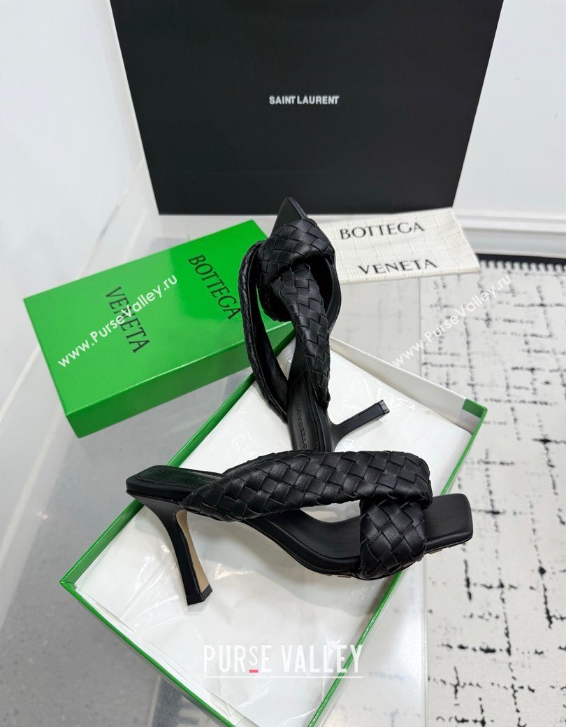 Bottega Veneta Riva Heel Slides Sandal 9cm in Woven Leather Black 2025 (KER-251027155)