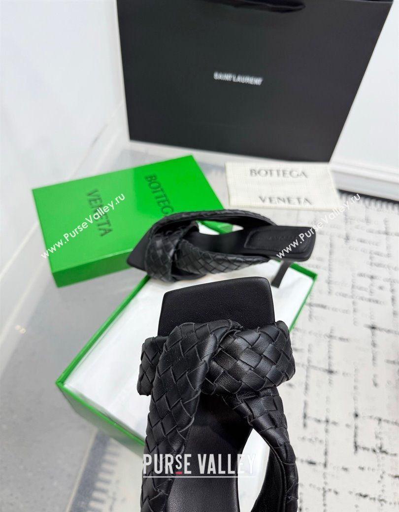 Bottega Veneta Riva Heel Slides Sandal 9cm in Woven Leather Black 2025 (KER-251027155)