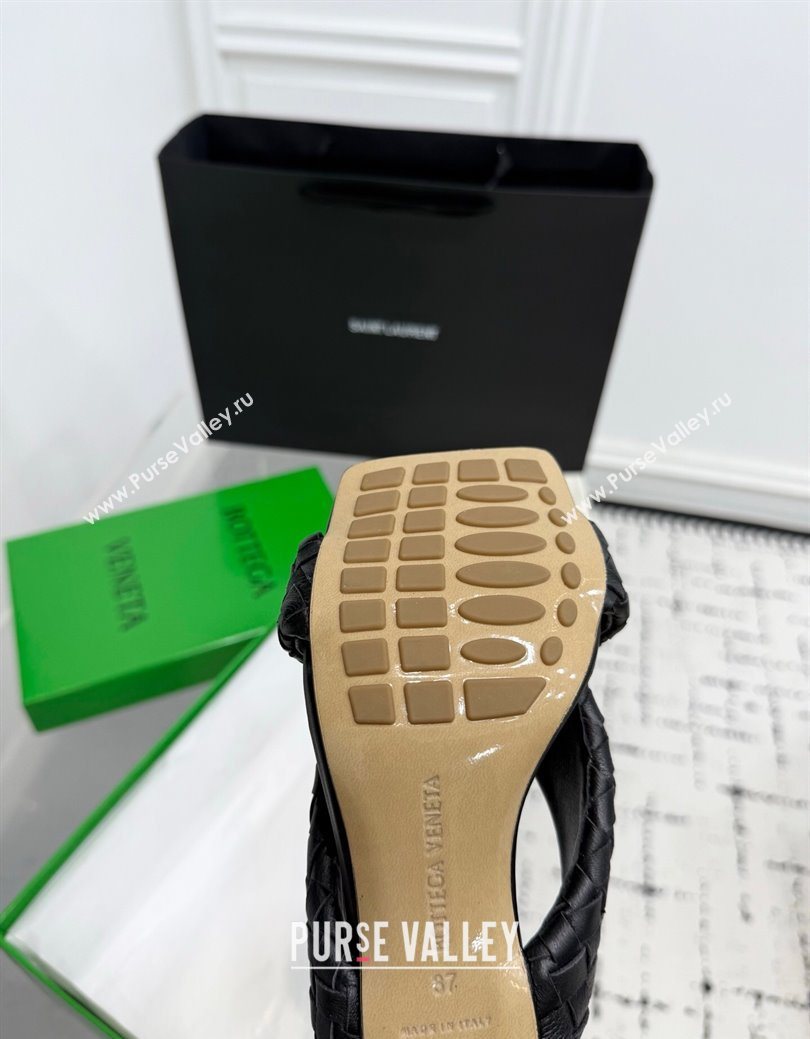 Bottega Veneta Riva Heel Slides Sandal 9cm in Woven Leather Black 2025 (KER-251027155)