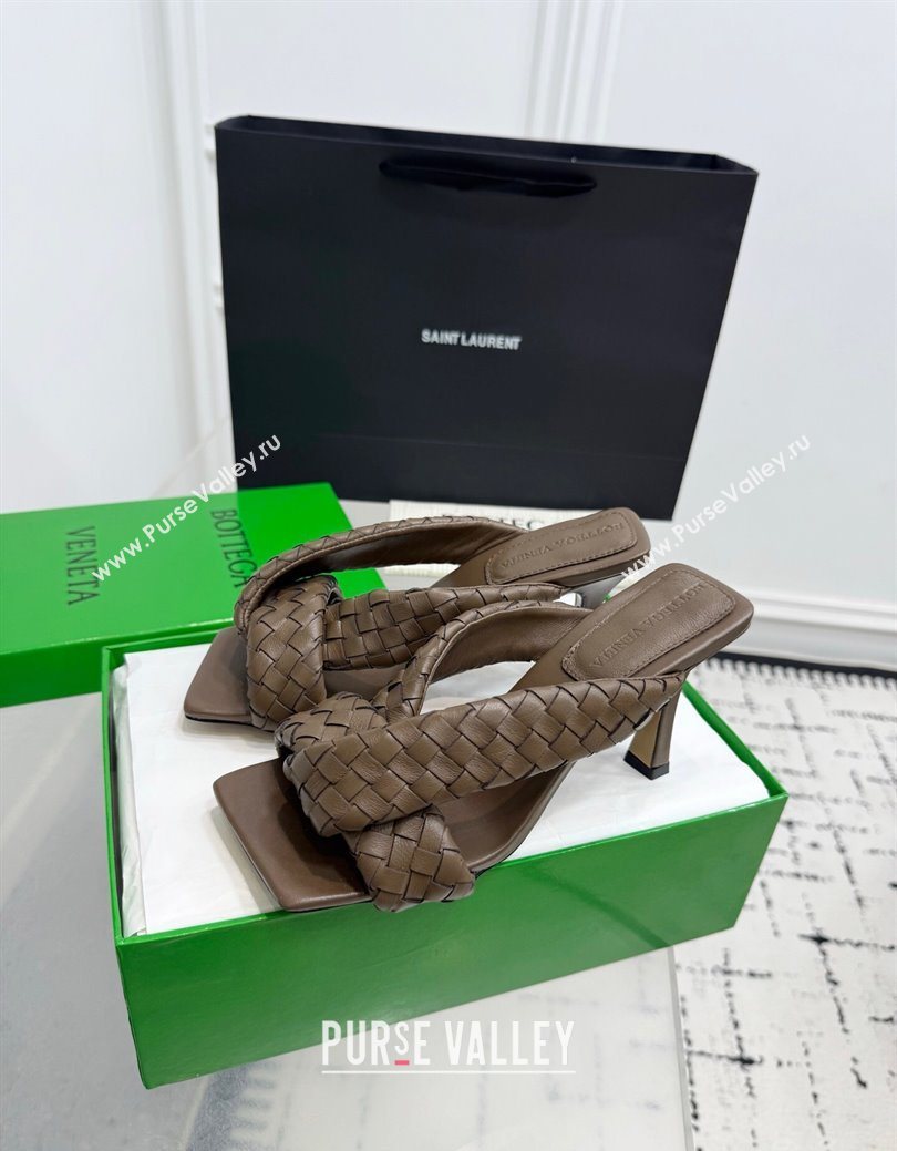 Bottega Veneta Riva Heel Slides Sandal 9cm in Woven Leather Brown 2025 (KER-251027158)