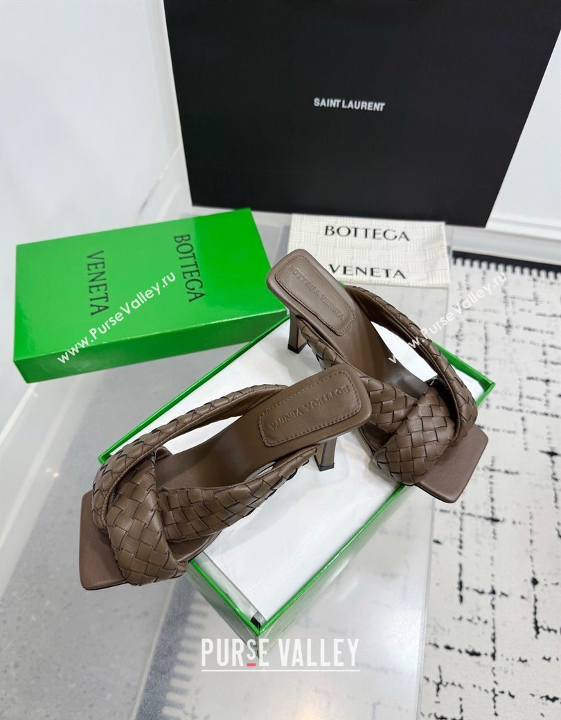 Bottega Veneta Riva Heel Slides Sandal 9cm in Woven Leather Brown 2025 (KER-251027158)