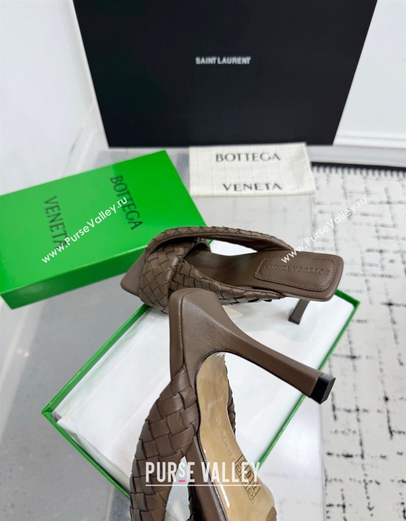 Bottega Veneta Riva Heel Slides Sandal 9cm in Woven Leather Brown 2025 (KER-251027158)