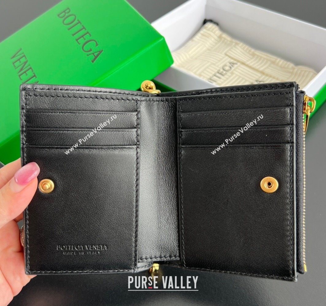 Bottega Veneta Solstice Small Bi-Fold Wallet in Intrecciato Leather Black 2025 788055 (WT-251119072)
