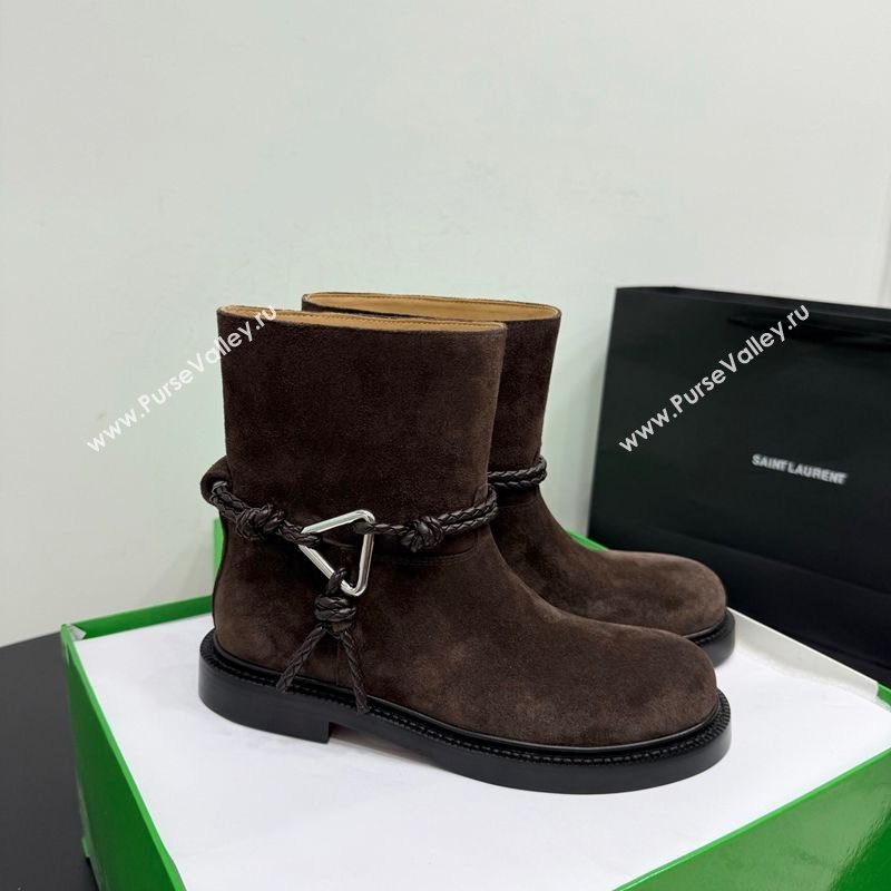 Bottega Veneta James Suede Flat Ankle Boots with Triangle Buckle Fondant Brown 2025 (KER-251206051)