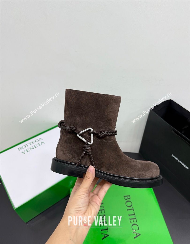 Bottega Veneta James Suede Flat Ankle Boots with Triangle Buckle Fondant Brown 2025 (KER-251206051)