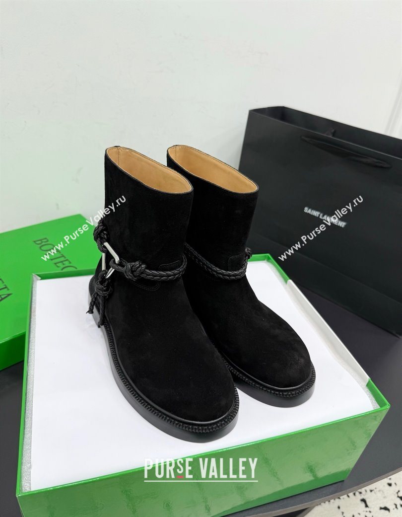 Bottega Veneta James Suede Flat Ankle Boots with Triangle Buckle Black 2025 (KER-251206052)