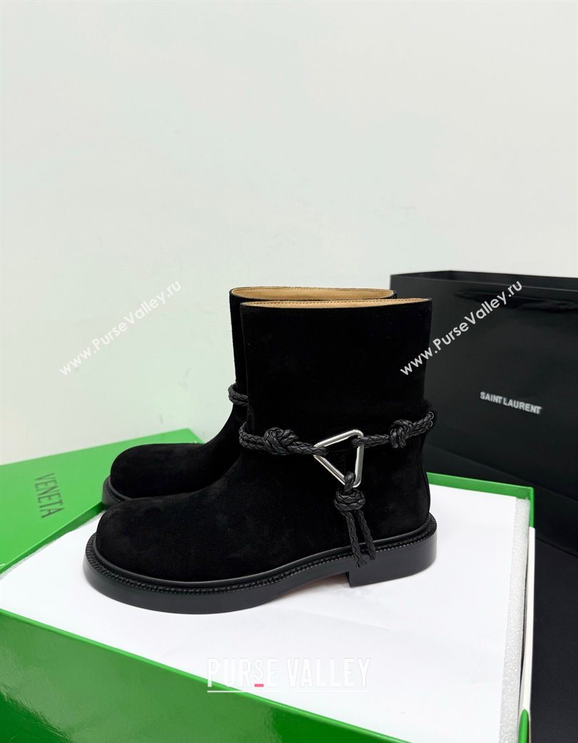 Bottega Veneta James Suede Flat Ankle Boots with Triangle Buckle Black 2025 (KER-251206052)