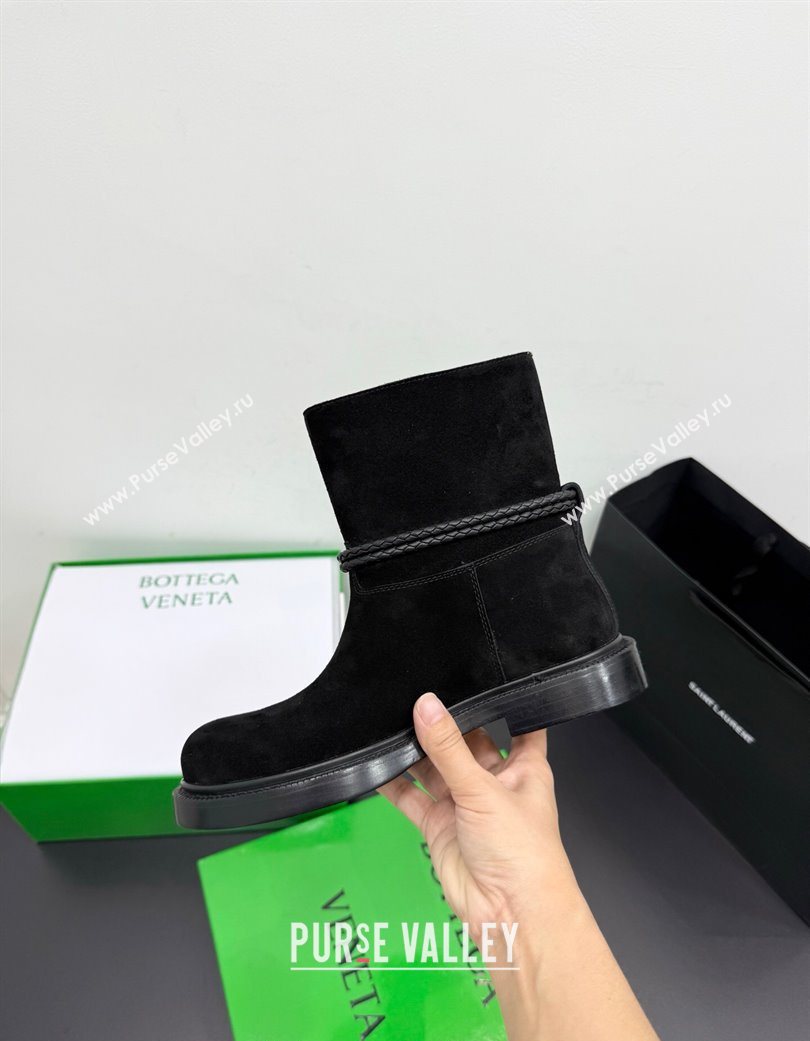 Bottega Veneta James Suede Flat Ankle Boots with Triangle Buckle Black 2025 (KER-251206052)