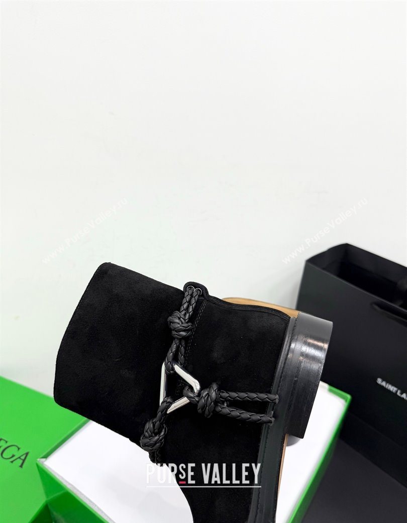 Bottega Veneta James Suede Flat Ankle Boots with Triangle Buckle Black 2025 (KER-251206052)