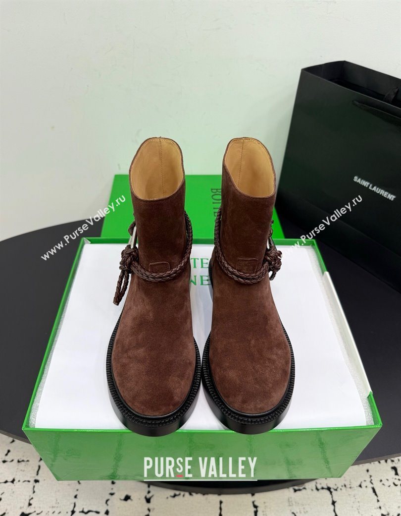Bottega Veneta James Suede Flat Ankle Boots with Triangle Buckle Dark Brown 2025 (KER-251206053)
