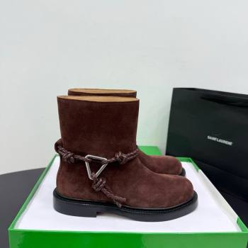 Bottega Veneta James Suede Flat Ankle Boots with Triangle Buckle Dark Brown 2025 (KER-251206053)