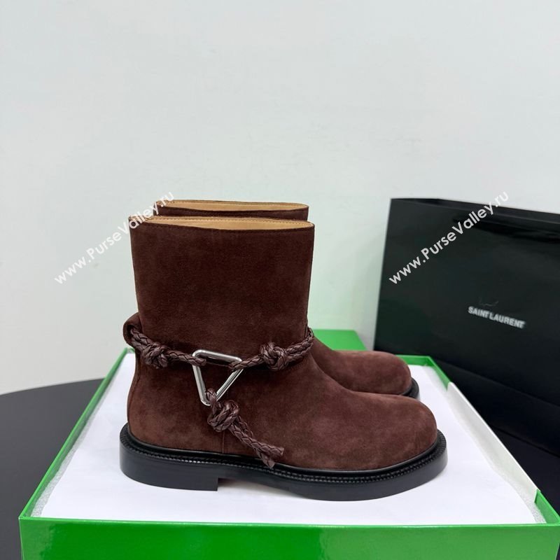 Bottega Veneta James Suede Flat Ankle Boots with Triangle Buckle Dark Brown 2025 (KER-251206053)