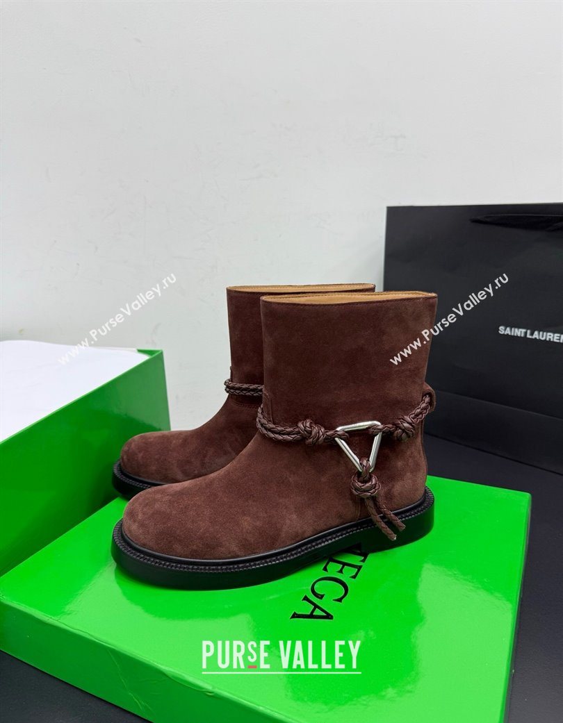 Bottega Veneta James Suede Flat Ankle Boots with Triangle Buckle Dark Brown 2025 (KER-251206053)