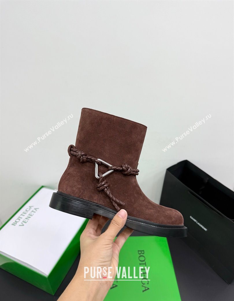 Bottega Veneta James Suede Flat Ankle Boots with Triangle Buckle Dark Brown 2025 (KER-251206053)