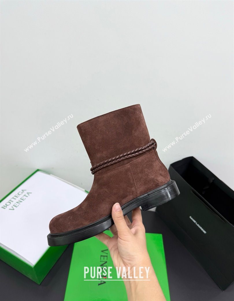 Bottega Veneta James Suede Flat Ankle Boots with Triangle Buckle Dark Brown 2025 (KER-251206053)