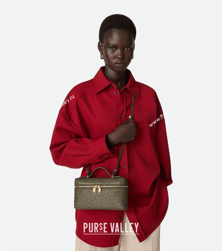 Bottega Veneta Bang Bang Vanity Case Bag in Ostrich Leather Cypress Green 2026 817785 (WT-260116007)