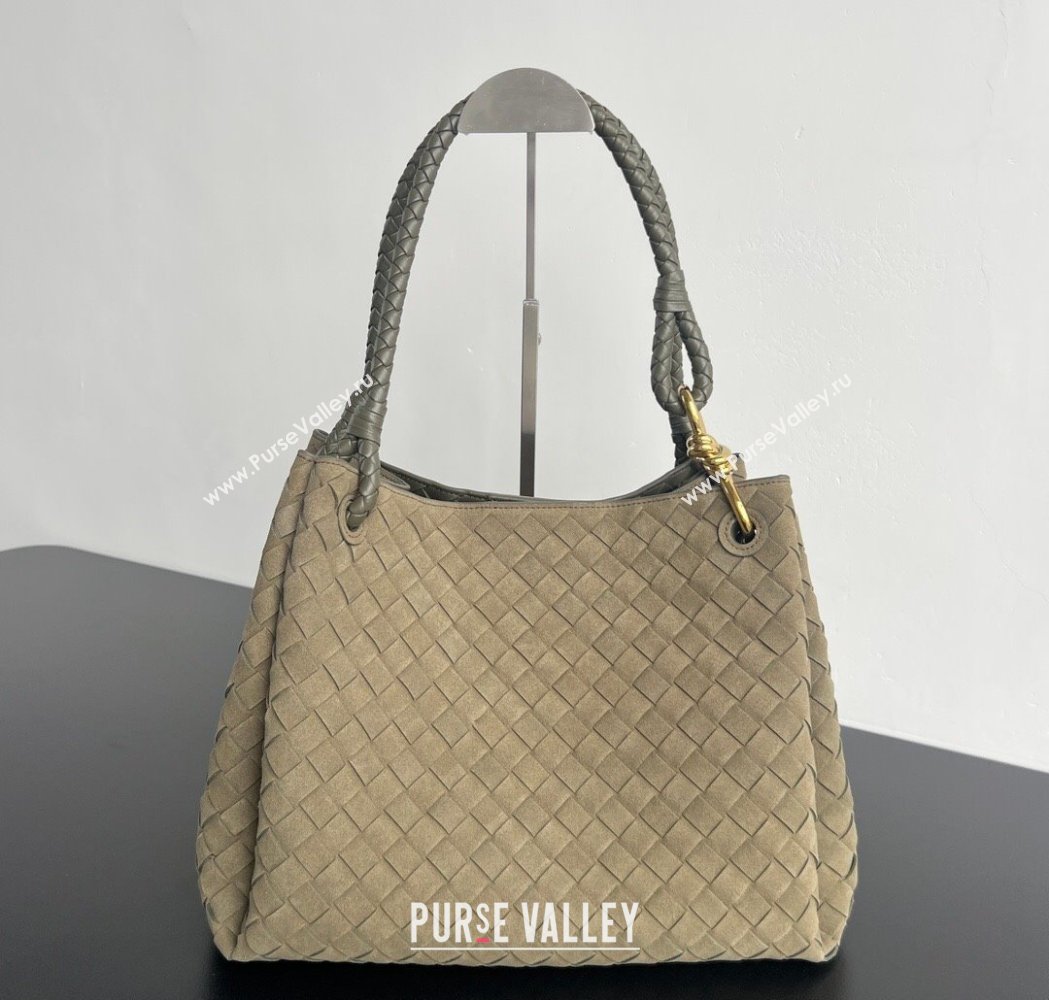 Bottega Veneta Large Parachute Shoulder Bag in Intrecciato Suede Grey Green 796571 2025 (WT-260117004)
