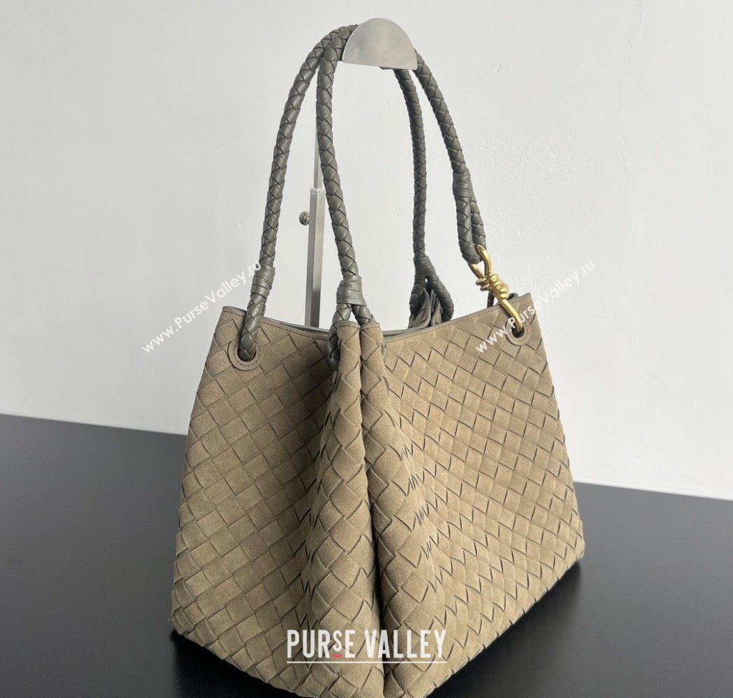 Bottega Veneta Large Parachute Shoulder Bag in Intrecciato Suede Grey Green 796571 2025 (WT-260117004)