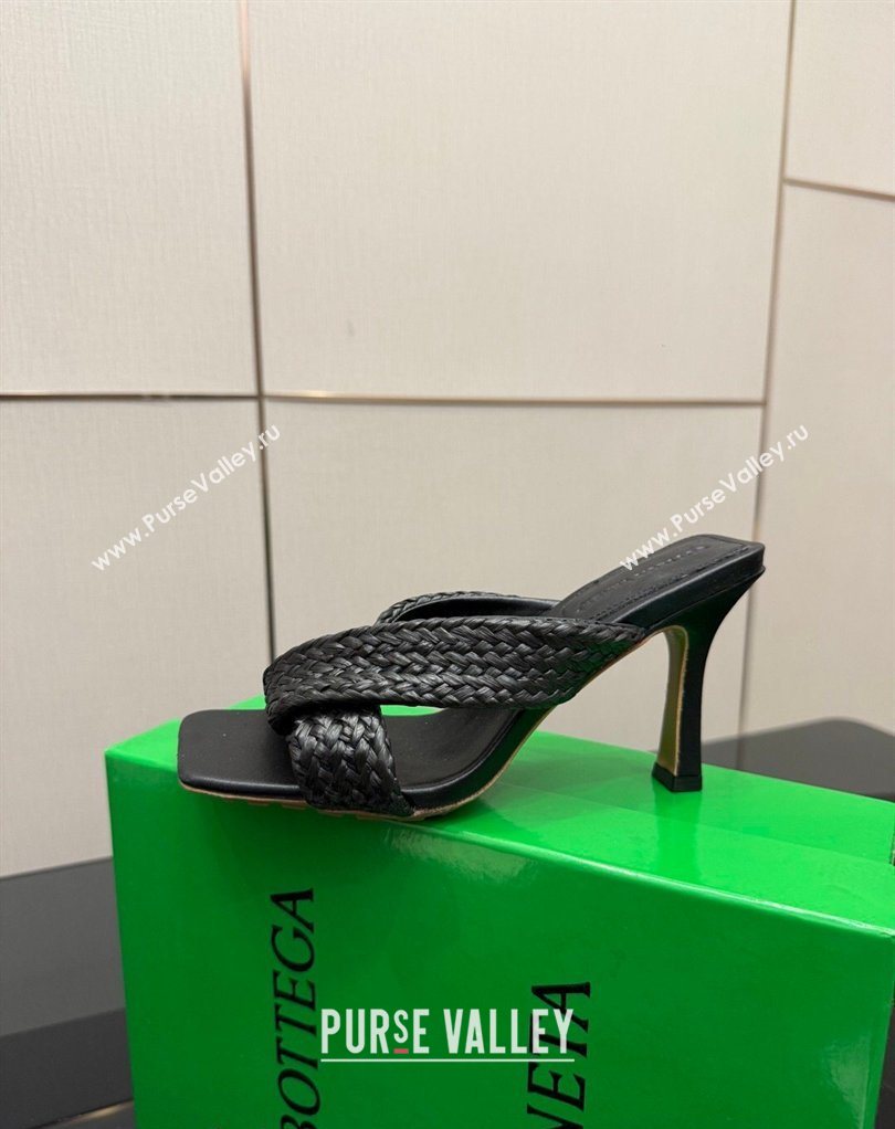 Bottega Veneta Riva Heel Slides Sandal 9.5cm in Braided Straw Black 2026 861494 (MD-260226128)