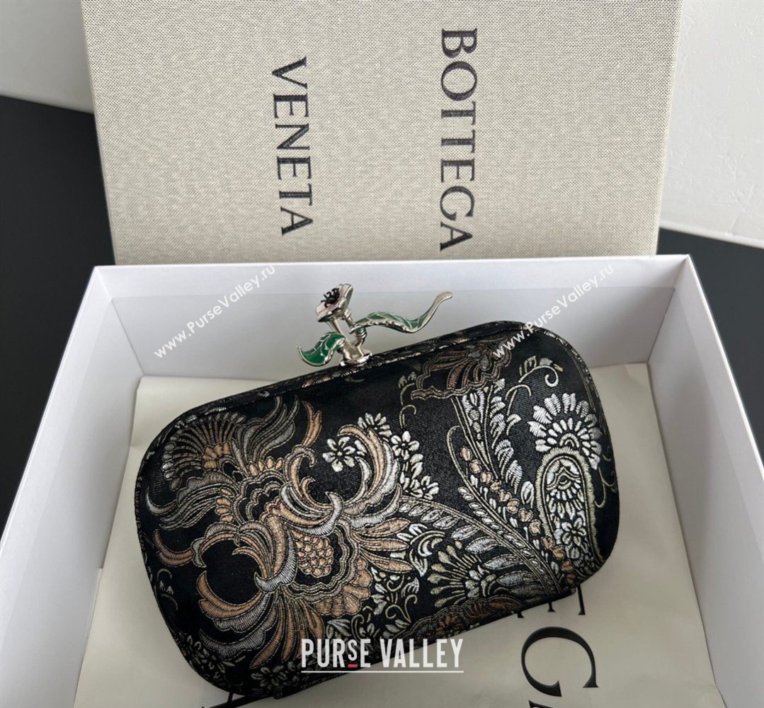 Bottega Veneta Knot Clutch with Flower Clasp in Jacquard Velvet Gold/Silver/Black 2026 BV040165 (WT-260401013)